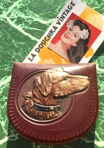 FRENCH 1930s HORSESHOE WALLET~HAND TOOLED LEATHER~DOG PORTRAIT~DATED 1938~UNIQUE - Picture 1 of 10