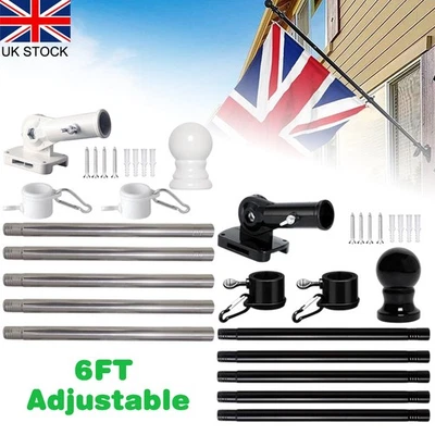 6FT Wall Mounted Adjustable Flag Pole Kit Black Stainless Steel with Bracket Set - Image 1 of 4