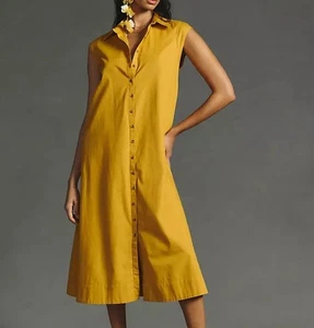 Camisa Anthropologie Manga Gorra Vestido Midi Amarillo 100% Algodón Forro Talla XXS - Imagen 1 de 13
