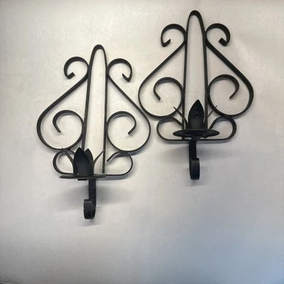 Wrought Iron Wall Sconces Set of 2 Black Candle Holders Spanish Style Rustic - Image 1 of 3