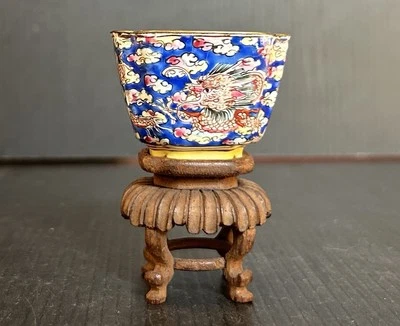 Antique Chinese Canton Enamel Square Wine Cup With Wood Stand - Image 1 of 4