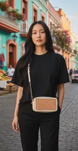 Anne Klein Crossbody adjustable strap cream faux cork small gold tone accents - Picture 1 of 14