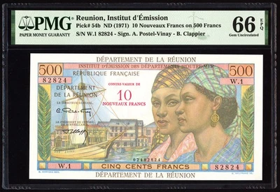 Reunion 10 Nouveaux Francs 1971 P54b PMG Gem Uncirculated 66 EPQ - Image 1 of 4