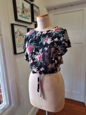 Joanie Loves Chachi size 12 black floral silk open back flutter sleeve wrap top - image 1 of 4