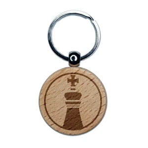 Chess Piece Black King Engraved Wood Round Keychain Tag Charm - Picture 1 of 6