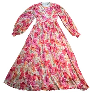 Aura Covered in Sunshine Floral Maxi Dress Pink Puff Sleeve Party Size Medium - Picture 1 of 10
