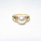 MIKIMOTO Estate 18K Yellow Gold 7.8 mm Round White Pearl And Diamond Ring