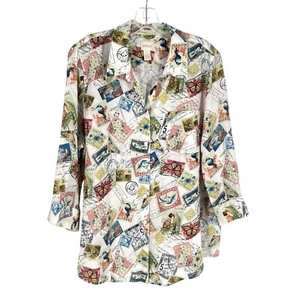 Chicos Linen Blouse Size 3 Colorful Stamp Bird Print Philately Novelty Print XL - Picture 1 of 10