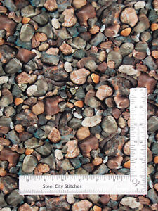 Rocks Pebbles Stones Fabric Open Air Brown Gray Nature Cotton QT By The Yard