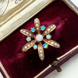 ANTIQUE • Art Nouveau 10k Gold Opal & Seed Pearl Star Flower Brooch Pendant - Picture 1 of 4