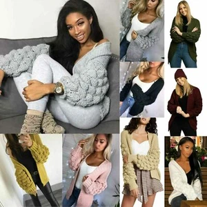 Ladies Women Bobble Sleeve Knitted Cardigan Chunky Knit Jumper Jacket Top - Picture 1 of 13