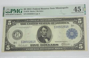Series 1914 Lrg Sz Blue Seal $5 FRN 9-I Minneapolis PMG 45 Ch Ex Fine EPQ Fr#876 - Picture 1 of 4