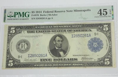 Series 1914 Lrg Sz Blue Seal $5 FRN 9-I Minneapolis PMG 45 Ch Ex Fine EPQ Fr#876 - Image 1 of 4
