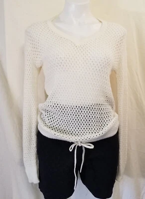 Vintage 70s Fishnet Loop Knit White Sweater Hippie Festival Boho Drawstring M - Image 1 of 4