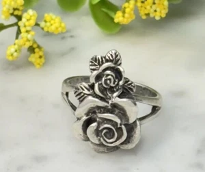 Vintage Sterling Silver 925 Large 3D Rose Floral Split Band Ring Size 7.5 EC - Picture 1 of 12
