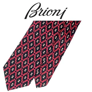 Brioni Black Tie - Red White Art Deco Pattern 100% Silk Authentic Italy Necktie - Picture 1 of 11