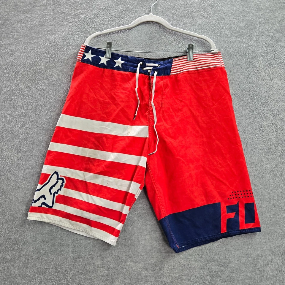 Fox Racing Hombres Traje de Baño 34 Rojo Blanco Azul Board Shorts EE. UU. Rayas Logo LEER Foto 1 de 4