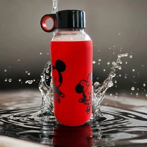 NEW Disney Store Mickey Minnie Mouse MXYZ Glass Water Bottle Red Silicon Sleeve - Picture 1 of 5