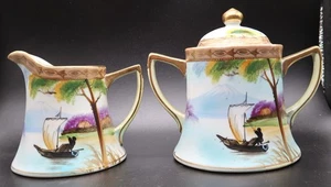 Vtg Takito Hand Painted Creamer & Sugar Set Boat Scene Beautiful - Picture 1 of 22