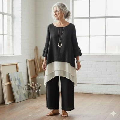 bryn Walker Black Linen Blouse Top Bell 3/4 ruffle Sleeves Lagenlook Resort L - Image 1 of 4