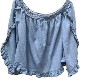 Rule 21 Damen L Oberteil Boho Pullover Crop Blau Baumwolle Schulterfrei 3/4 Arm - Bild 1 von 17