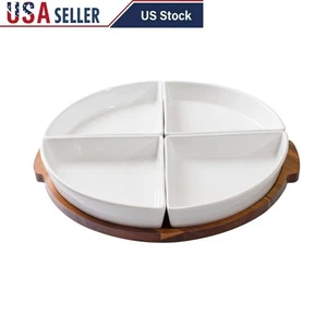 5PC Lazy Susan Serving Tray Set Wooden Acacia W/ 4 Bowls Snacks Parties New - Picture 1 of 8