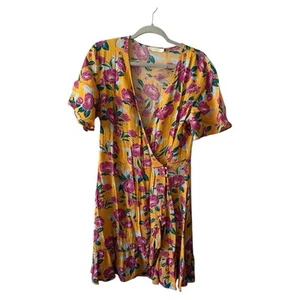 Lush wrap dress flutter sleeves ruffles Yellow W/ pink floral L women - Picture 1 of 11