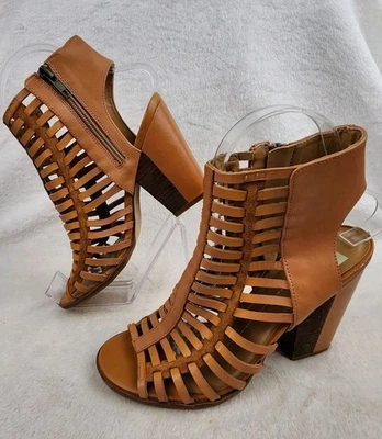 Dolce Vita Sandels Heels Gladiator Brown Leather Woven Size 6.5 Ankle Zip - Image 1 of 4
