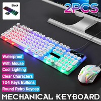 2PCS Gaming Mechanical Keyboard With Mouse Round Retro Keycap Backlit Cool Light
