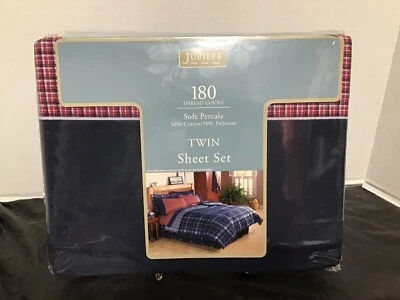 JUBILEE PLAID NAVY Soft Percale PRINT TWIN SIZE SHEETS SET  180 COUNT NEW - Image 1 of 4