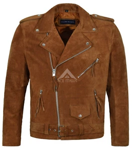 BRANDO Men's Real Tan Suede Leather Jacket Biker Motorcycle STYLE MBF - Picture 1 of 9