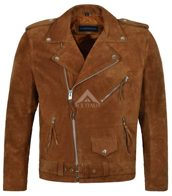 BRANDO Men's Real Tan Suede Leather Jacket Biker Motorcycle STYLE MBF - Image 1 of 4