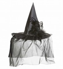 CAPPELLO DA STREGA CON TULLE, PIUME E RAGNO HALLOWEEN CARNEVALE