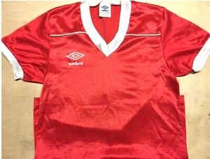 VTG 80s UMBRO Red V Neck Short Sleeve Poly Cotton Soccer Athletic Shirt Tee~ Y/L - Picture 1 of 12