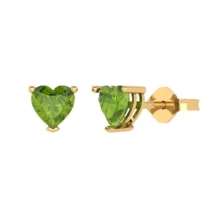 1.50 ct Heart Real Peridot Classic Stud Earrings Solid 14k Yellow Gold Push Back - Picture 1 of 11