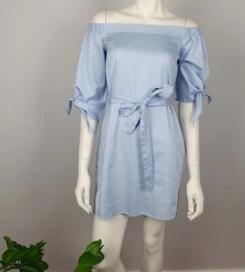 Bardot Size 8 Off The Shoulder Shirt Dress 3/4 Sleeves Blue Waist Tie Women - Picture 1 of 13