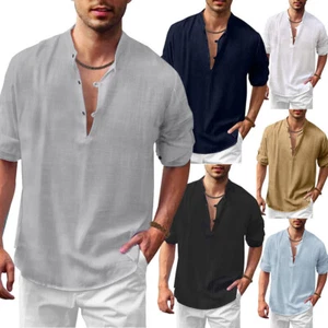 Men's Casual Cotton Linen Henley Shirts Long Sleeve Hippie Beach T-Shirt UK # - Picture 1 of 22
