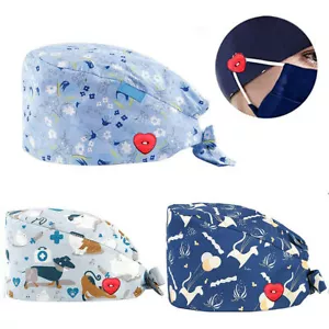 Doctor Nurse Scrub Cap Heart Button Holder Cartoon Bouffant Cap Prints Work Hat - Picture 1 of 11