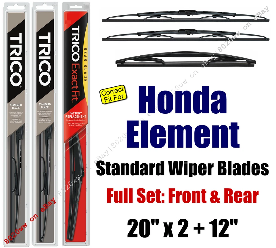 Paquete de 3 escobillas limpiaparabrisas delanteras traseras estándar Honda Element 30200x2/12B 2003-2011 Foto 1 de 1
