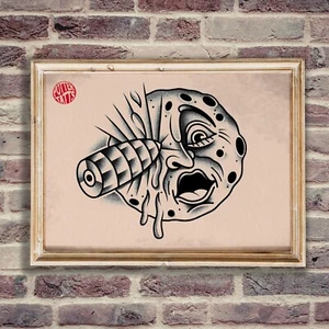 A Trip To The Moon - Old School Traditional Flash Tattoo Kunstdruck - Bild 1 von 3