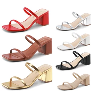 Women Heeled Sandal Low Square Open Toe Block Chunky Heels Slip On Slides Mules - Picture 1 of 47