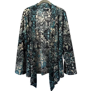 Chicos Women's Cardigan Jacket XL Green Black Paisley Asymmetrical Hem Stretch - Picture 1 of 5