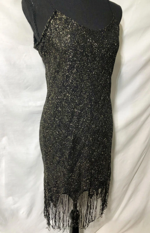Vestido Vintage Flapper Negro Dorado Brillante con Flecos en la Parte Inferior Foto 1 de 4