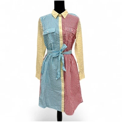 Camisa de vestir Land's End Seersucker botones delanteros bolsillos con cinturón colorida mediana Foto 1 de 4