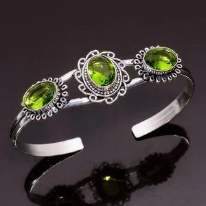 Green Peridot Oval Gemstone Handmade 925 Sterling Silver Jewelry Cuff Bracelet - Picture 1 of 6