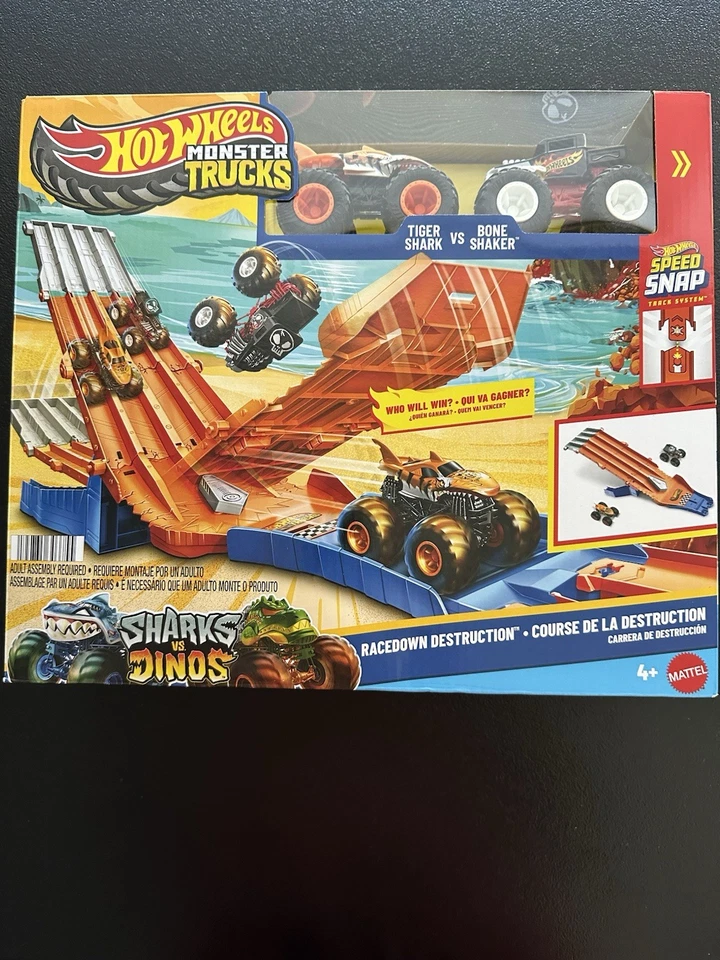Hot Wheels Monster Trucks Tiger Shark VS Bone Shaker Racedown Destruction - Image 1 of 1