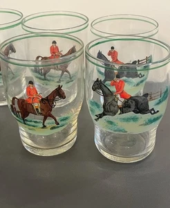 Vtg 8 Lowball Old Fashioned Rock Glasses Equestrian Fox Hunt Hand Painted Set - Picture 1 of 14