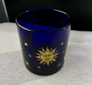 Vintage Libbey Cobalt Blue Glass Coffee Mug Celestial Sun Moon Stars Friend  - Picture 1 of 6