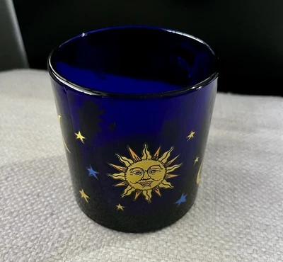 Vintage Libbey Cobalt Blue Glass Coffee Mug Celestial Sun Moon Stars Friend  - Image 1 of 4