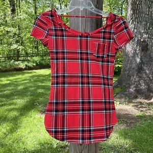 NWOT No Boundaries Size Small Red Tartan Plaid Short Sleeve Top Shirt Blouse - Picture 1 of 6